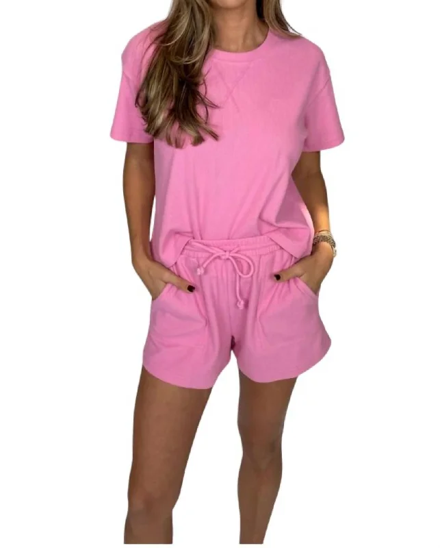 Casual Knit Top And Shorts Set In Pink