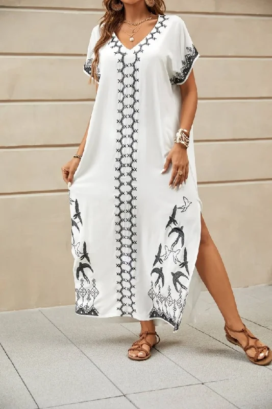 Bird Embroidery Kaftan Beach Cover Up Dress