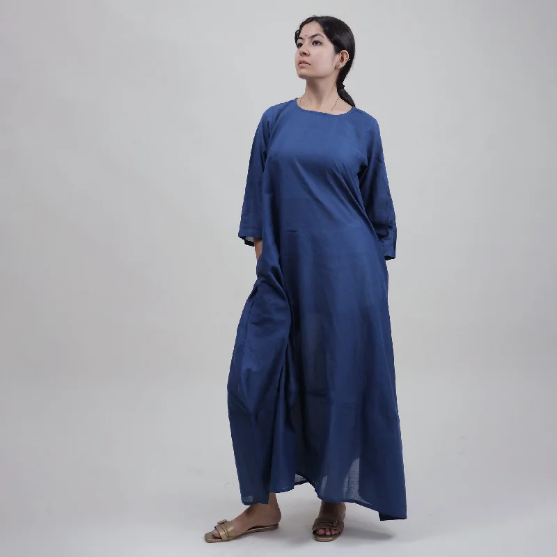 Blue Solid Round Neck Women Cotton Kaftan