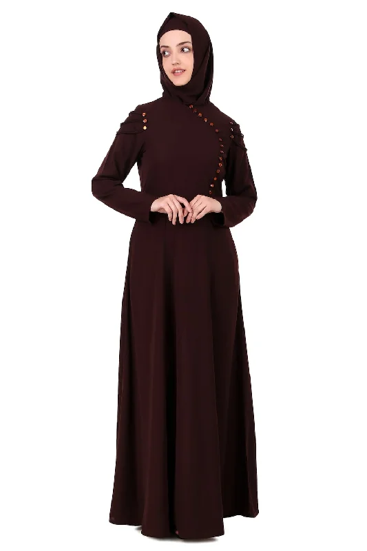 Button Embellished Curved Placket Brown Nida Abaya