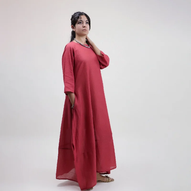 Maroon Solid Round Neck Women Kaftan Dress