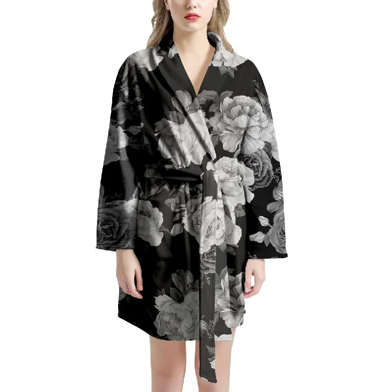 Monochrome Rose Floral Women's Robe