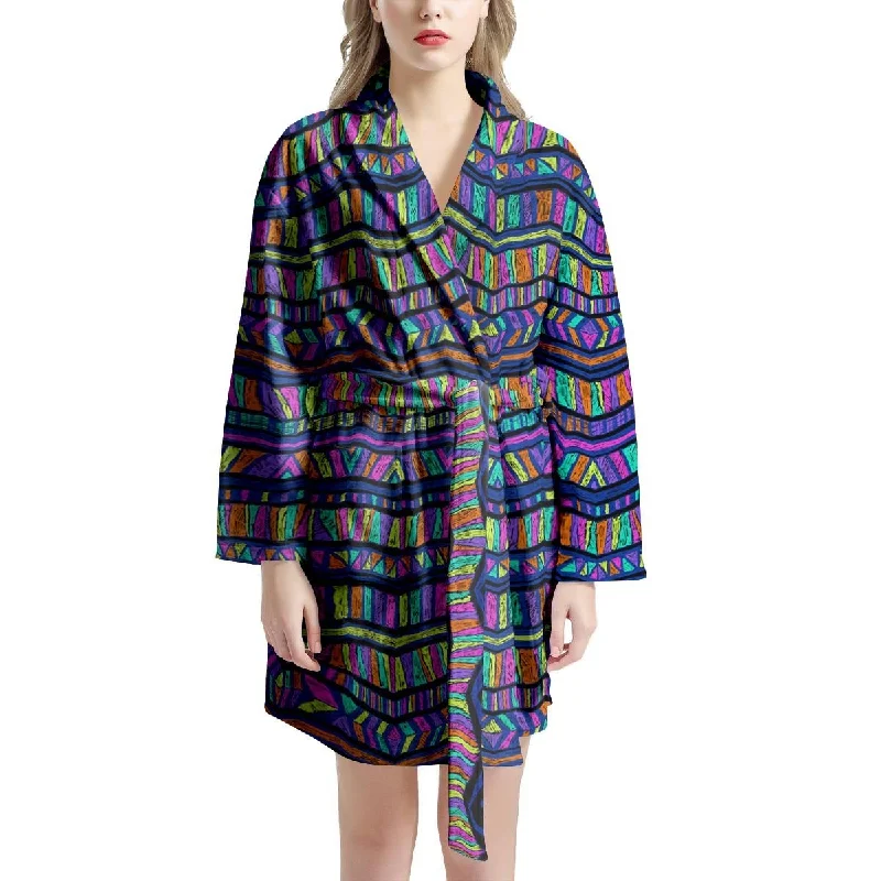 Multicolor Indian Aztec Doodle Elements Abstract Women's Robe