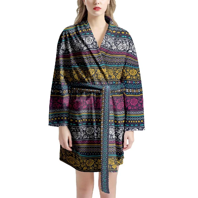 Multicolor Rose Floral Abstract Tribal Aztec Women's Robe