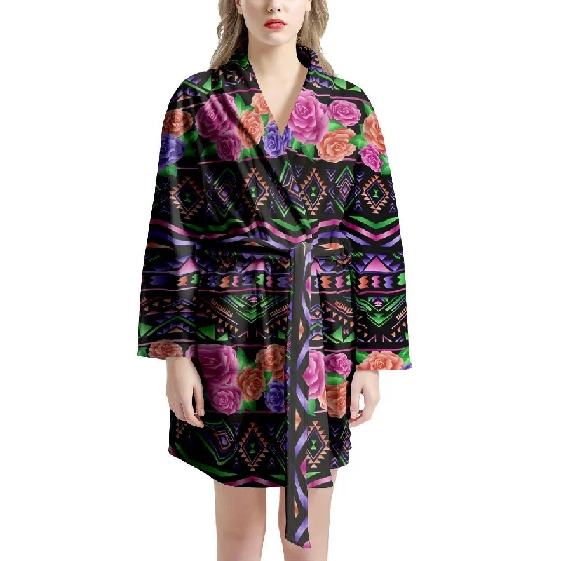 Multicolor Roses Ethnic Tribal Aztec Women's Robe