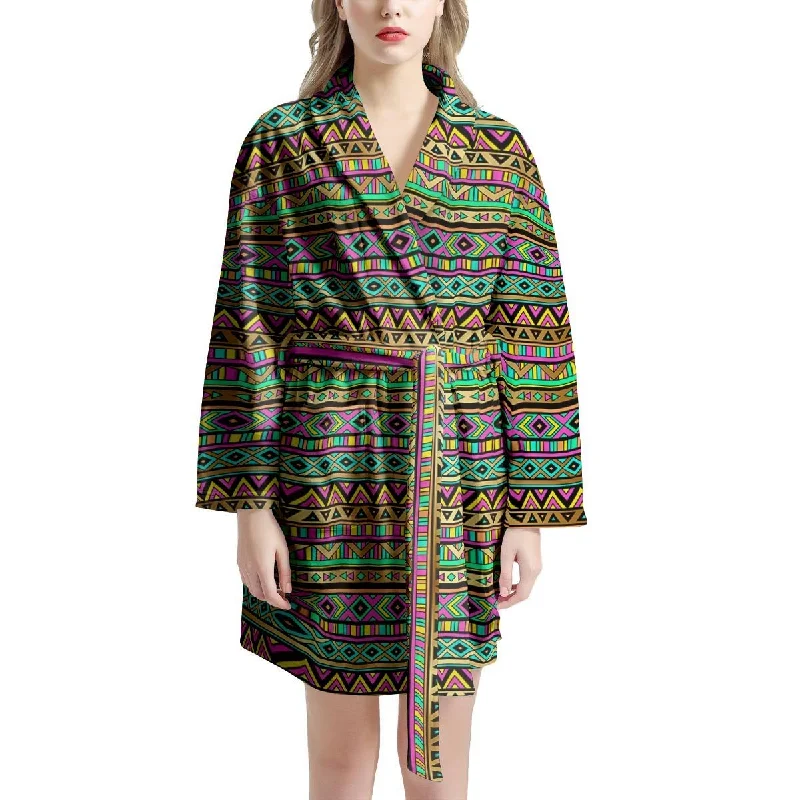 Neon Multicolor Ethic Aztec Aztec Grunge Geometric Print Women's Robe