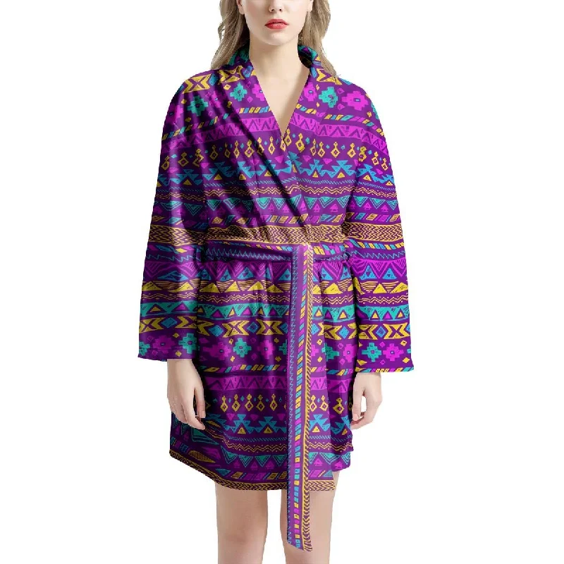 Neon Multicolor Ethic Aztec Doodle Print Women's Robe