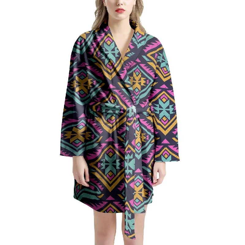 Neon Multicolor Ethic Aztec Grunge Print Women's Robe