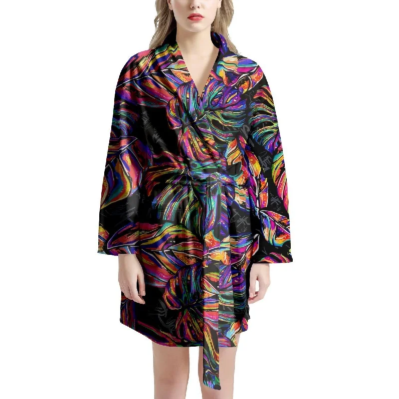 Neon Multicolor Palm Leaf Print Women's Robe