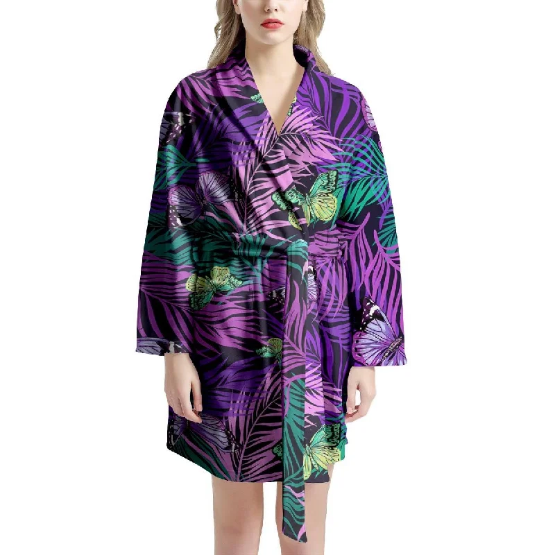 Neon Purple Tropical Palm Tree Butterfly Print Women's Robe