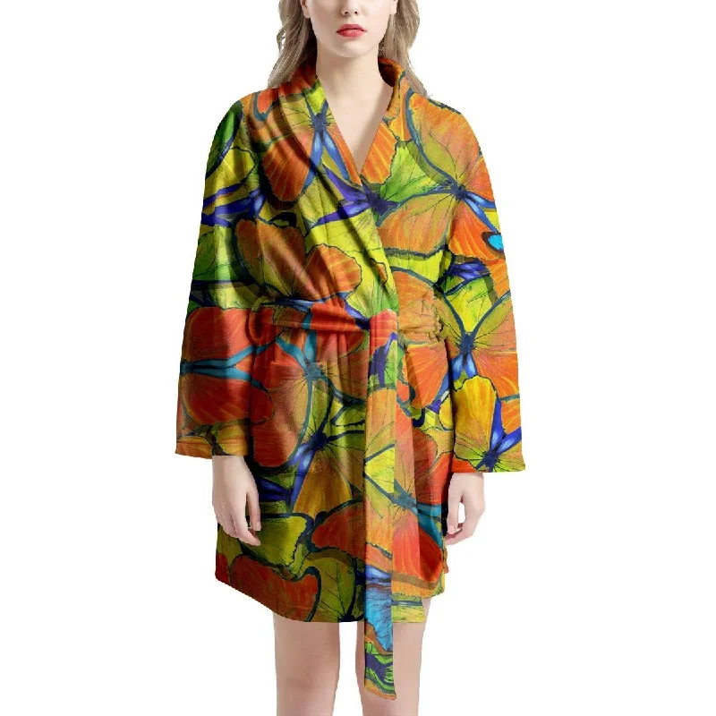 Orange And Blue Butterfly Print Women's Robe