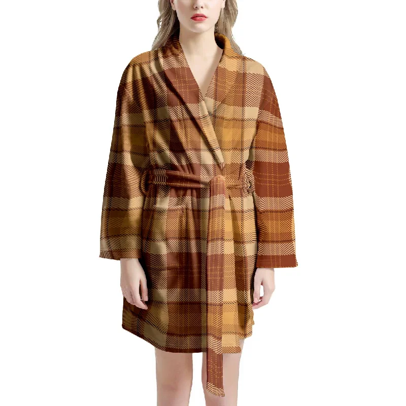 Orange Plaid Tartan Print Women's Robe