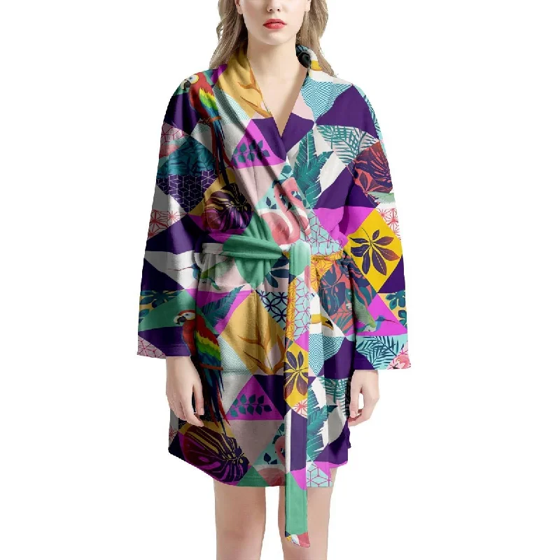 Patchwork Tropical Bird Print Women's Robe