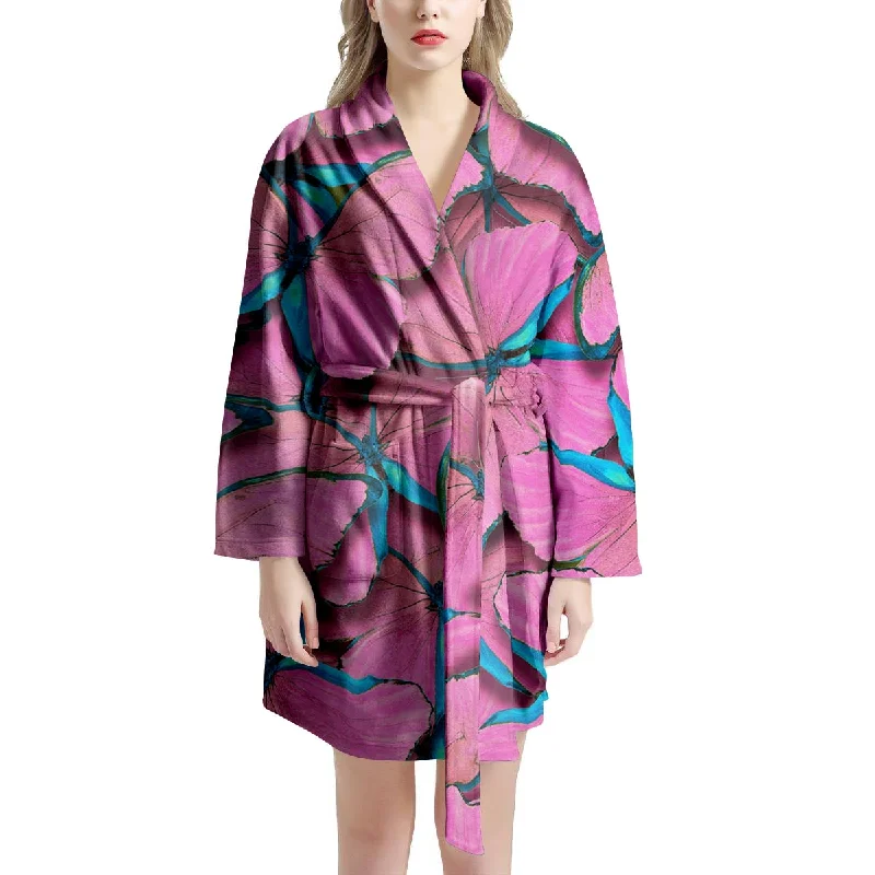 Pink And Blue Butterfly Print Women's Robe