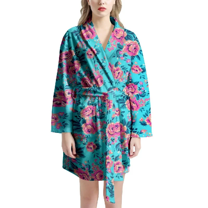 Pink And Blue Rose Floral Women's Robe