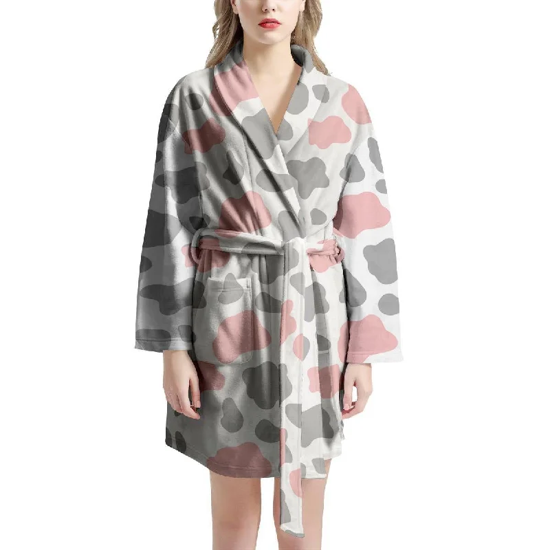 Pink And Grey Cow Print Women's Robe