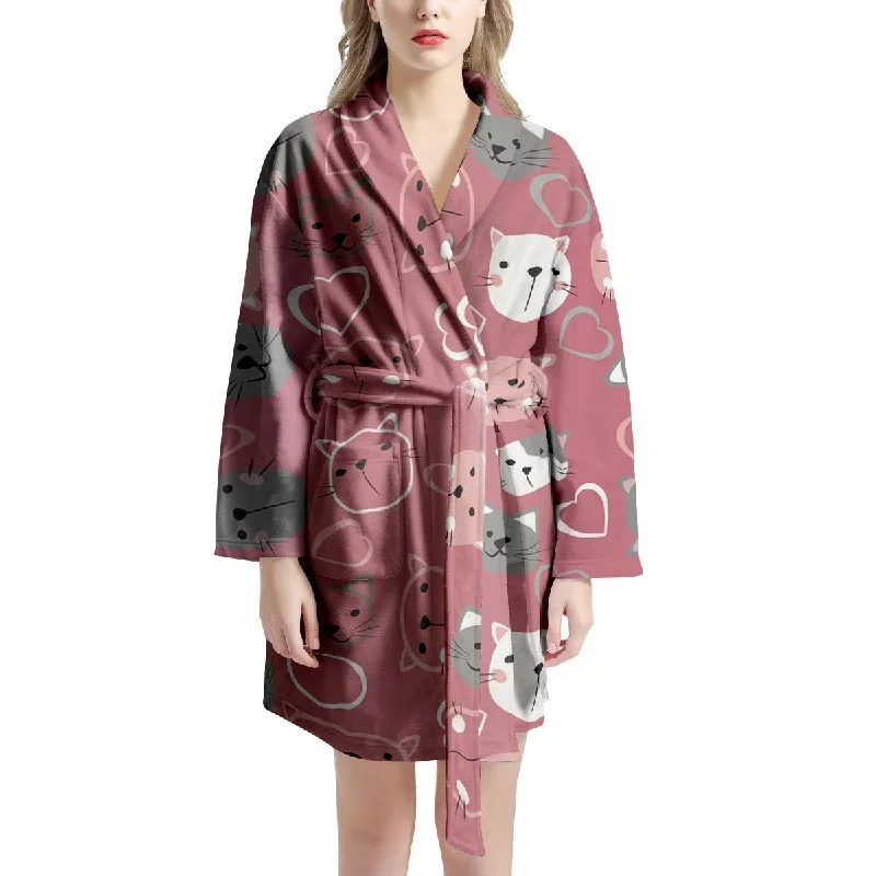 Pink Cat Face Print Women's Robe