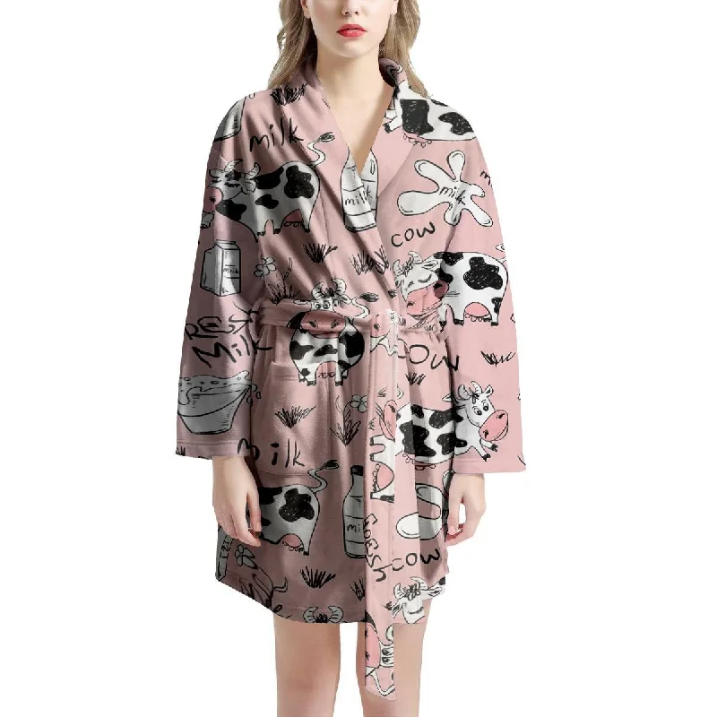 Pink Cow And Milk Print Women's Robe