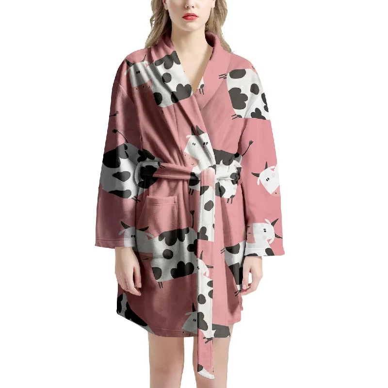 Pink Cow Pattern Print Women's Robe