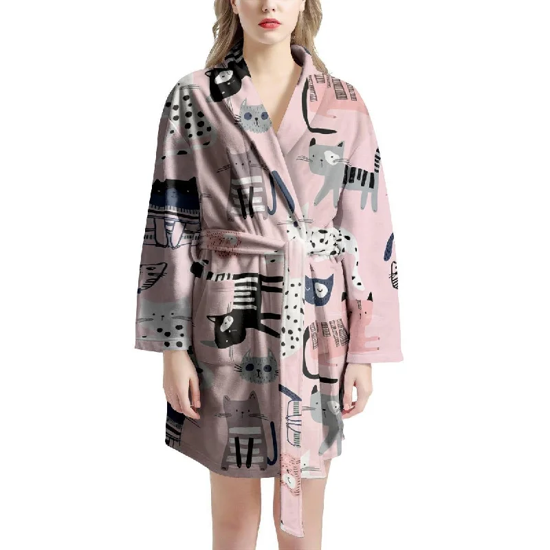 Pink Cute Cat Print Women's Robe