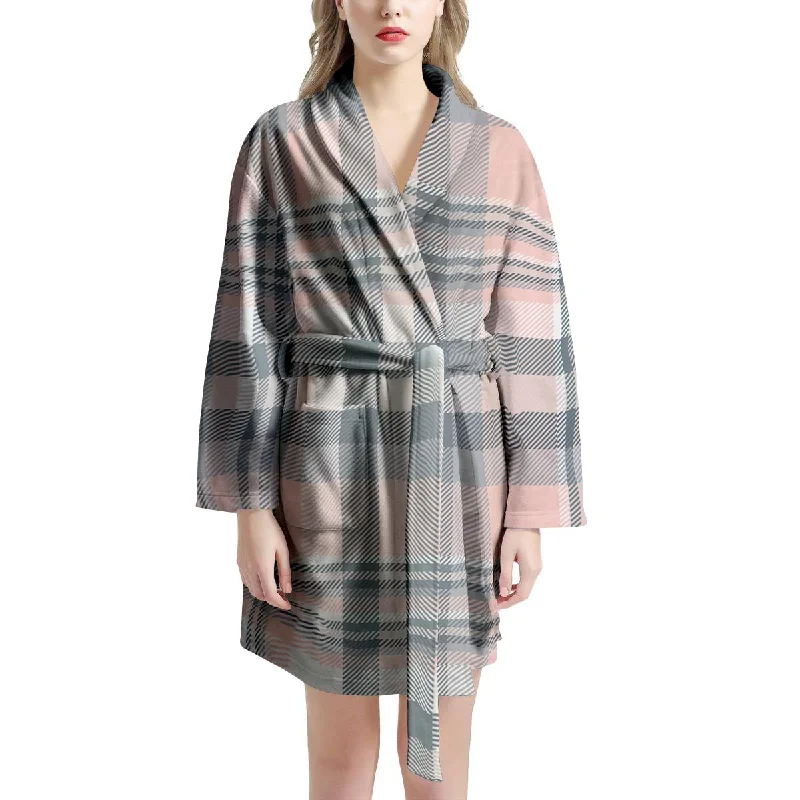 Pink Grey Plaid Tartan Women's Robe