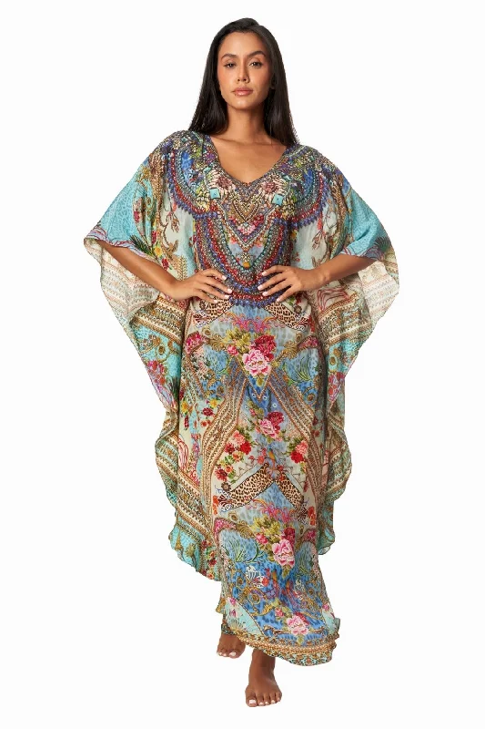 Queens Garden Lightweight Caftan Dress/Cover Up with V-Neck Jewels