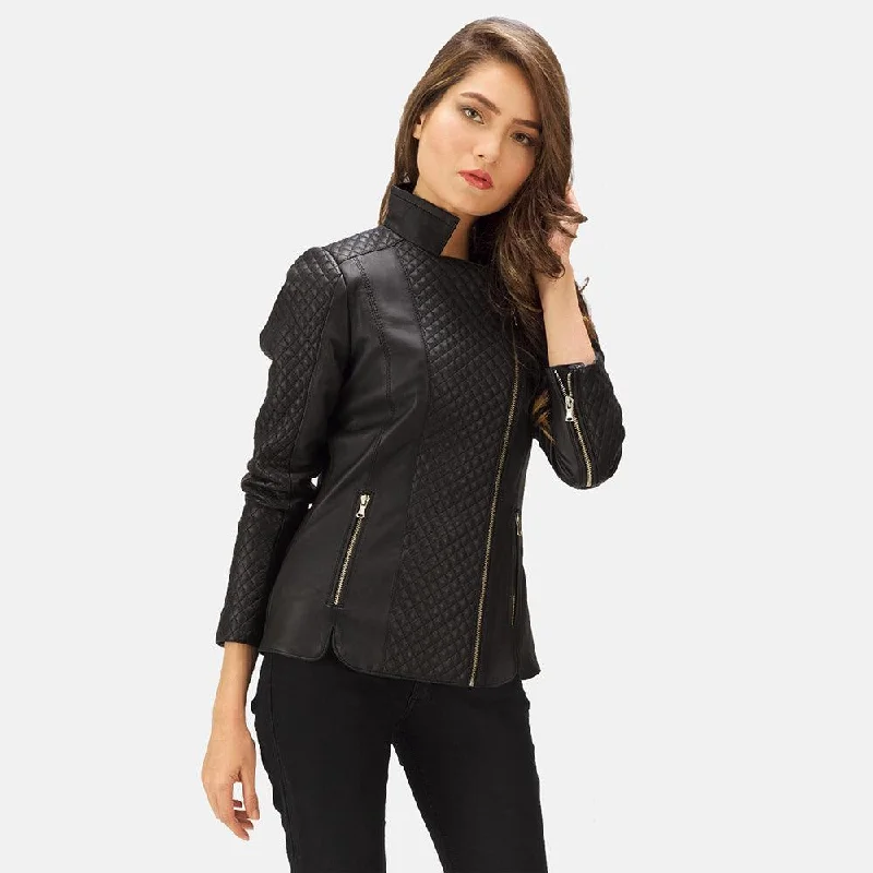 Womens Quilted Black Leather Biker Jacket