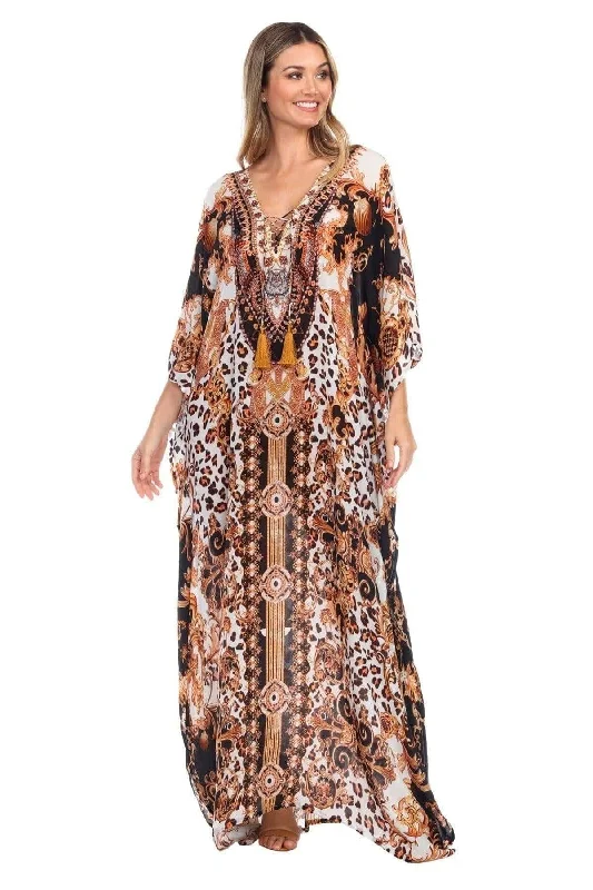 Royal Jungle Flowy Rhinestone V Neck Long Caftan Dress/Cover Up