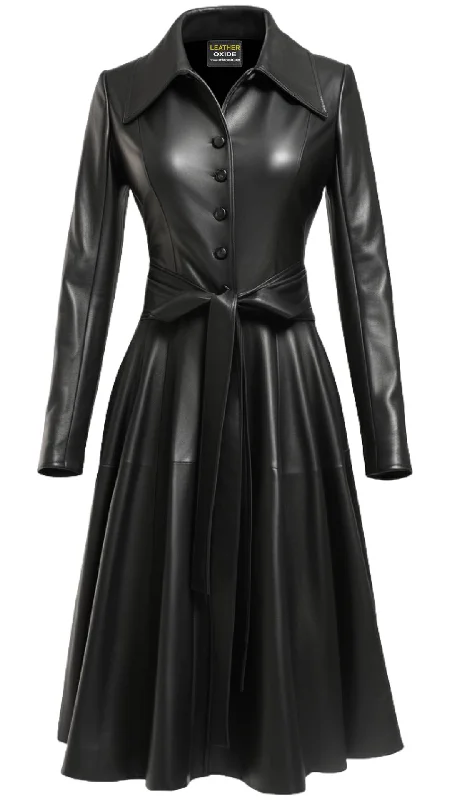 Women Black Leather Long Coat - Long Leather Coat