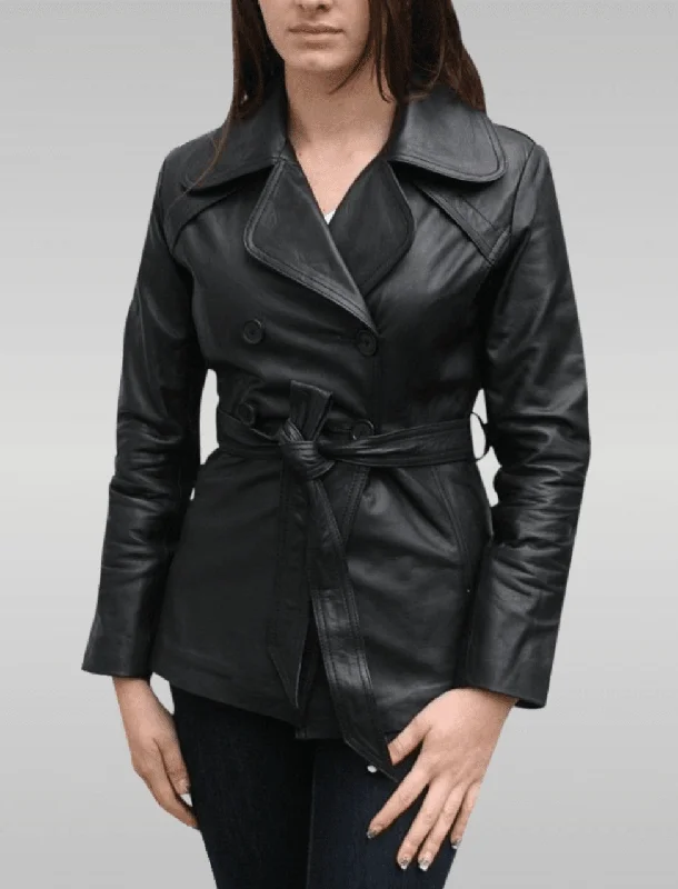 Womens Black Long Belted Leather Jacket