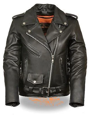 Women's Motorcycle Classic old school police style leather jacket with side laces