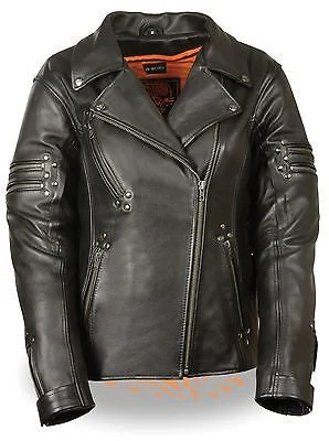 WOMEN'S MOTORCYCLE FITTED BELTLESS M/C POLICE JACKET W/RIVET DETAILING