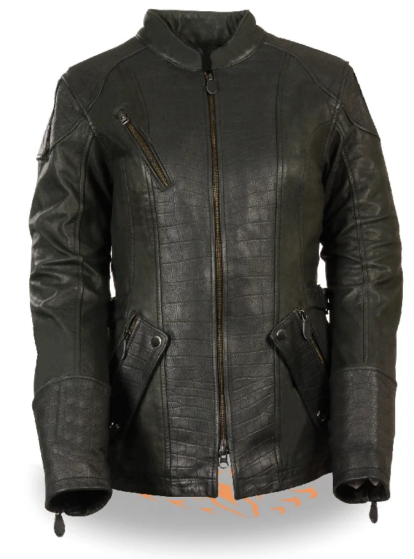 WOMEN'S MOTORCYCLE RIDING BLK LEATHER EMBOSSED PRINT JACKET WITH 2 GUN POCKETS