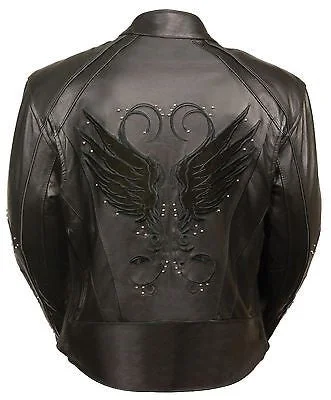 WOMEN'S MOTORCYCLE RIDING BLK LEATHER JACKET W/ STUD & WINGS AND 2 GUNPOCKETS