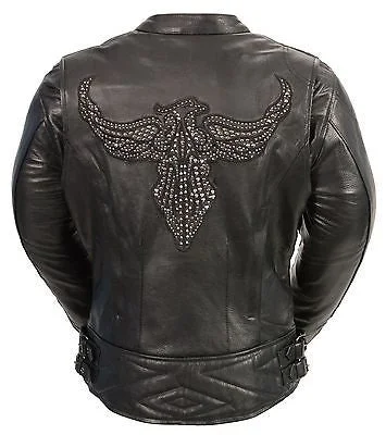 WOMEN'S MOTORCYCLE RIDING BLK LEATHER JACKET WITH PHOENIX STUDDING EMBROIDERY