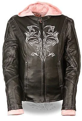 WOMEN'S MOTORCYCLE RIDING BLK/PINK LEATHER JACKET W/REFLECTIVETRIBAL DETAILNAKED