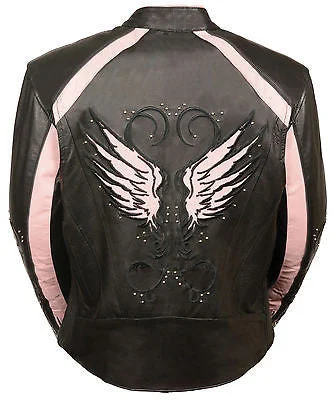 Women's Blk Pink Leather Jacket with studs and wings detailing back