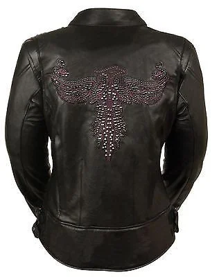 WOMEN'S MOTORCYCLE RIDING PURPLE LEATHER JACKET W/PHOENIX STUDDING EMBROIDERY