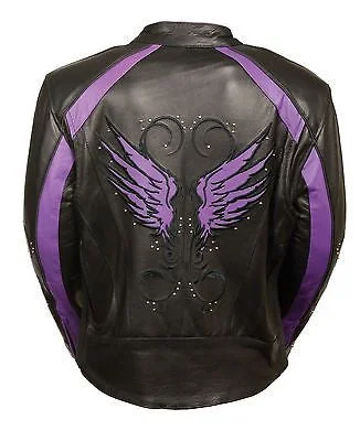 WOMEN'S MOTORCYCLE RIDING PURPLE LEATHER JACKET W/WINGS AT BACK & 2 GUNPOCKETS