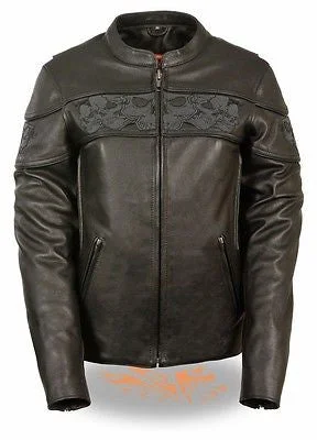 WOMEN'S REFLECTIVE SKULL MOTORCYCLE LEATHER CROSSOVER SCOOTER JACKET NEW BLACK