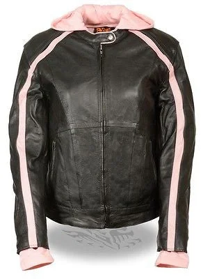 WOMEN'S STRIPED MOTORCYCLE SCOOTER LEATHER JACKET W/ REMOVABLE HOODIE BLK PINK