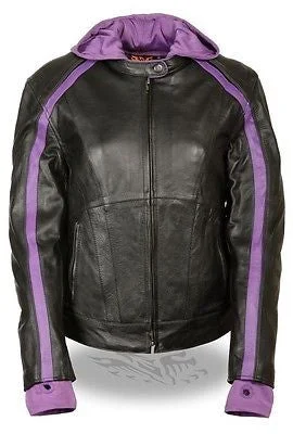 WOMEN'S STRIPED MOTORCYCLE SCOOTER LEATHER JACKET W/ REMOVABLE HOODIE BLK PURPLE