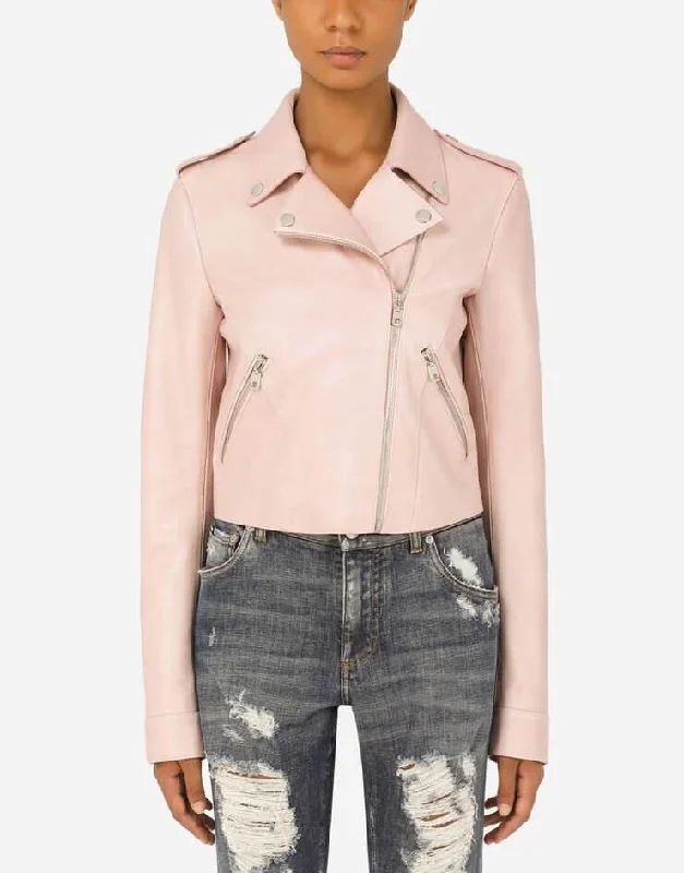 Womens Tab Collar Light Pink Biker Leather Jacket