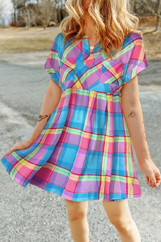 Blue Zone Planet |  Light Blue Multicolor Plaid Short Sleeve Babydoll Mini Dress