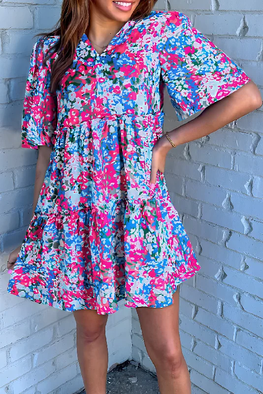 Blue Zone Planet |  Multicolour Floral Short Sleeve V Neck Tiered Mini Dress