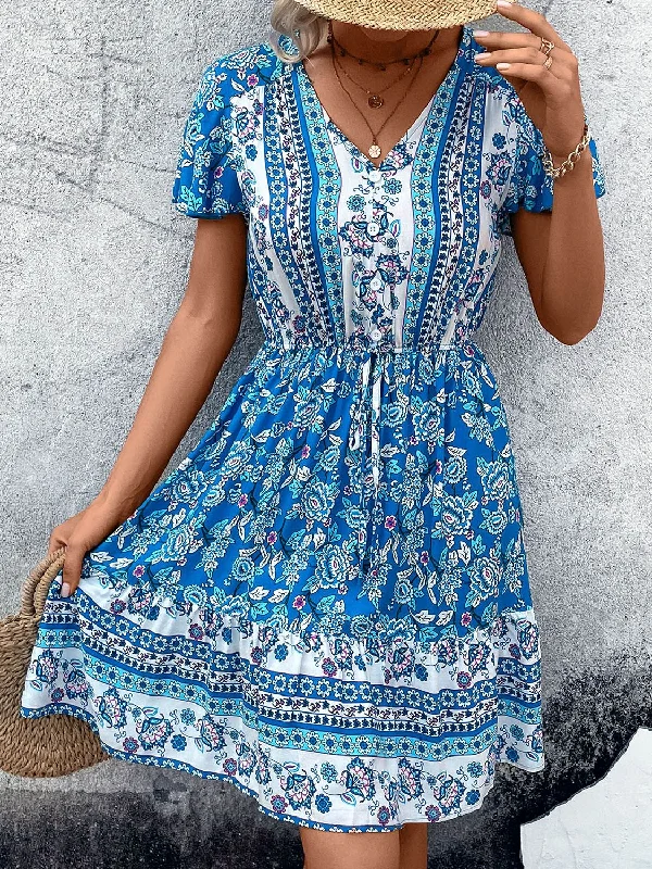 Blue Zone Planet |  Printed V-Neck Flutter Sleeve Mini Dress