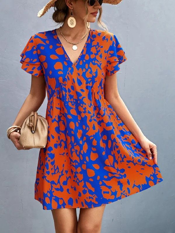 Blue Zone Planet |  Ruffled Printed V-Neck Short Sleeve Mini Dress