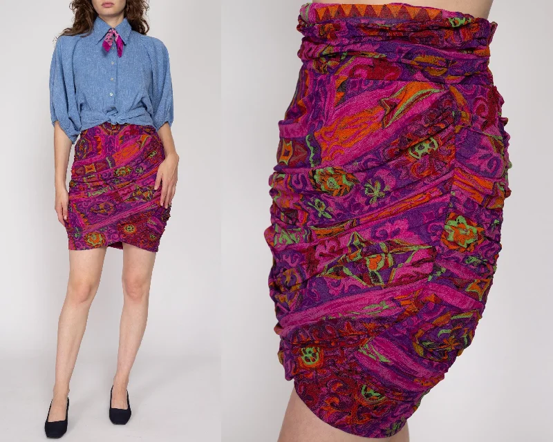 Medium 80s Hot Pink Batik Ruched Mini Skirt