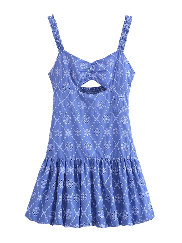 Blue Zone Planet | Olivia's Hollow Embroidery Slim Strappy Mini Dress