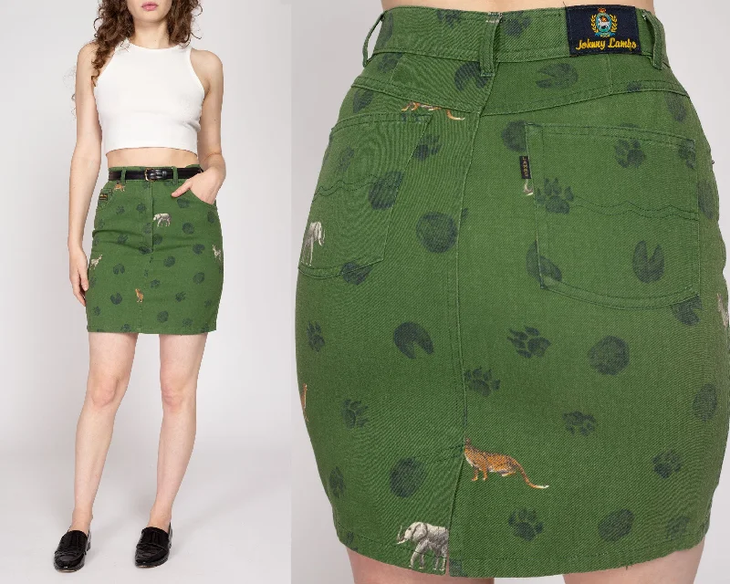 Small 90s African Animal Footprint Green Denim Mini Skirt 27"